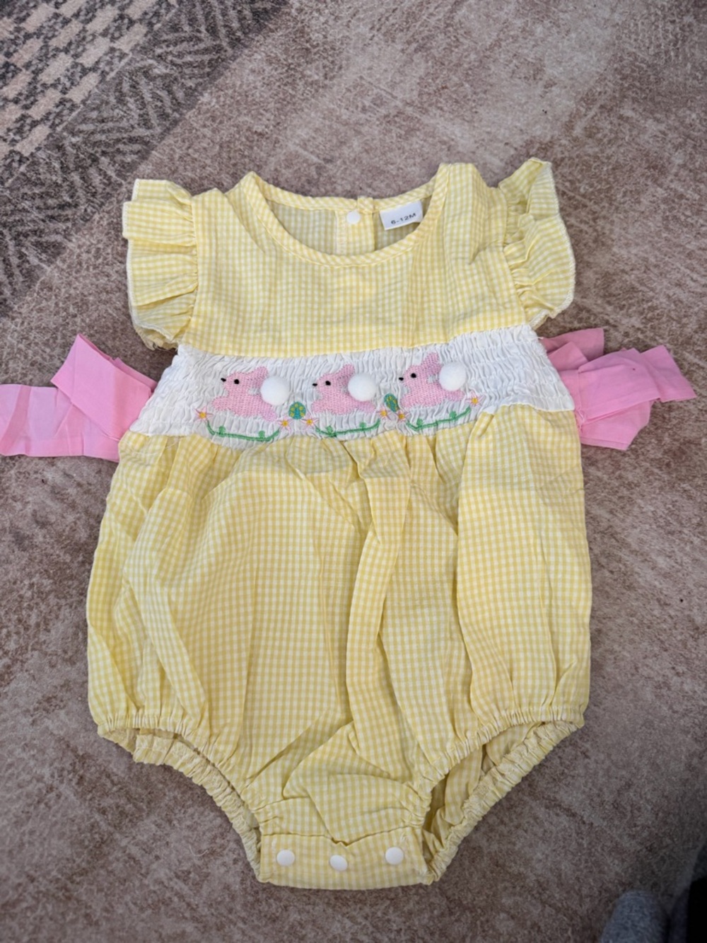 Yellow Gingham Baby Bubble Romper with Pink Chick Embroidery